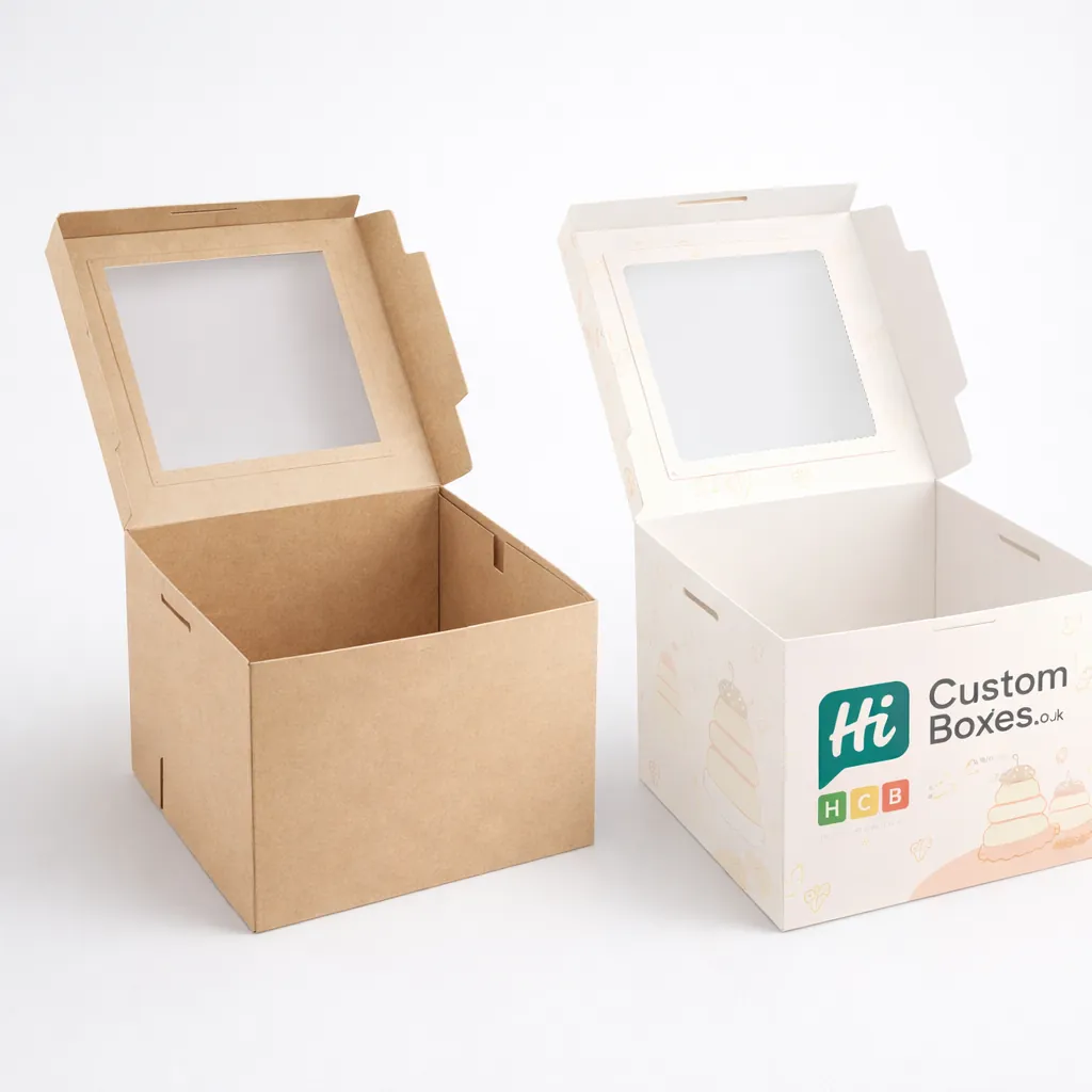 Two open square cake boxes with clear top windows, shown in natural brown and printed white. class=
